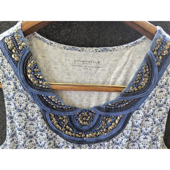 Charter Club Dress Womens Small Blue Embellished Tank Dress Gathered Waist Midi - Picture 5 of 8